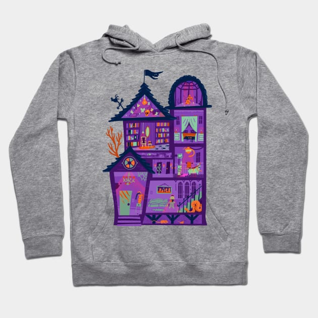 Purple Spooky Halloween Mansion Hoodie by narwhalwall